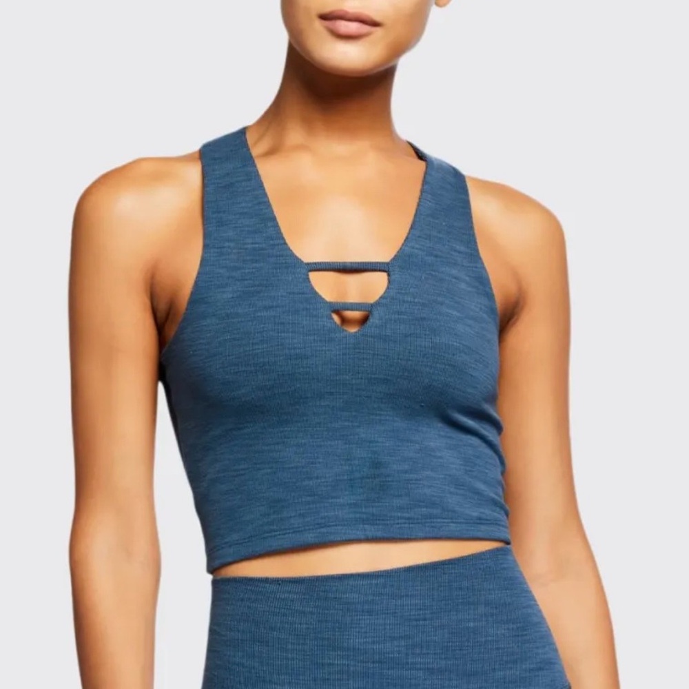 Beyond Yoga Heather Rib Cropped Tank Top Cutout Sleeveless Blue Green Size XS
